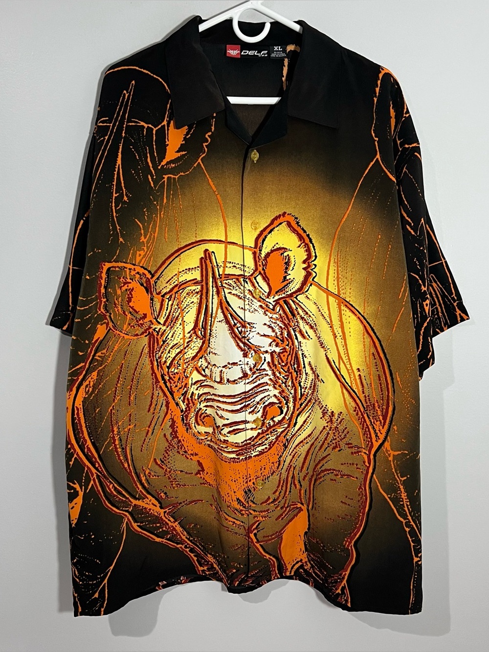 Vintage Delf Rhino AOP Black Orange Gold Short Sleeve Button Shirt Mens XL